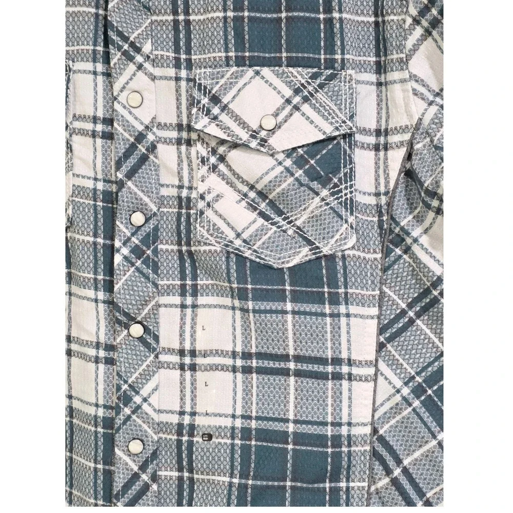BKE‎ Western Snap Shirt Mens Large Teal White Plaid Tailored Fit  Condition